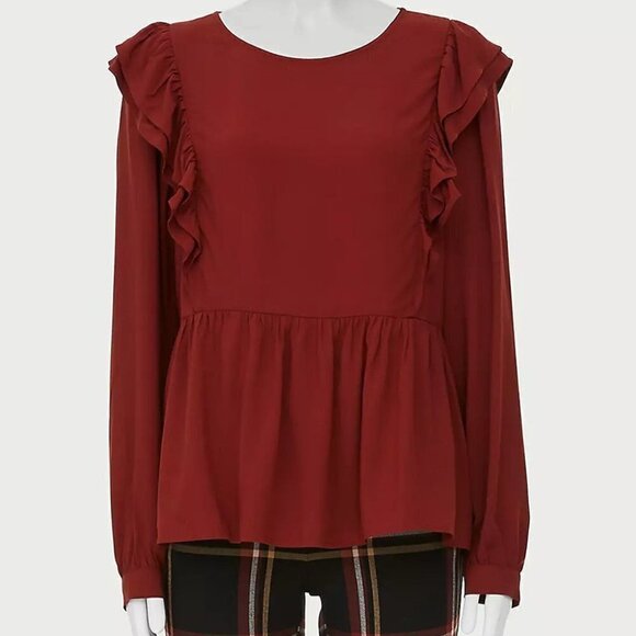 Loft Wild Currant Ruffle-Sleeve Peplum Top - Picture 1 of 12